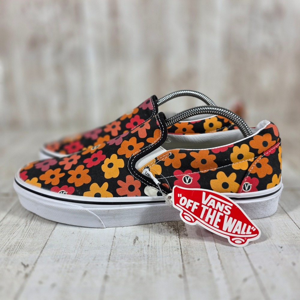 Vans Classic Slip On Floral Power Black Orange Red Men 10 Retro Sneakers NEW